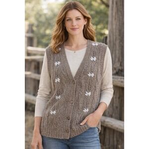 Vintage Koret Sweater Vest Womens XL Embroidered Floral Silk Blend Button